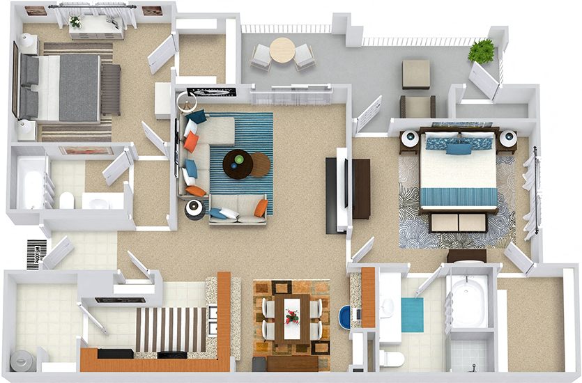 Floor plan for 2 beds, 2 baths, 1192 sqft